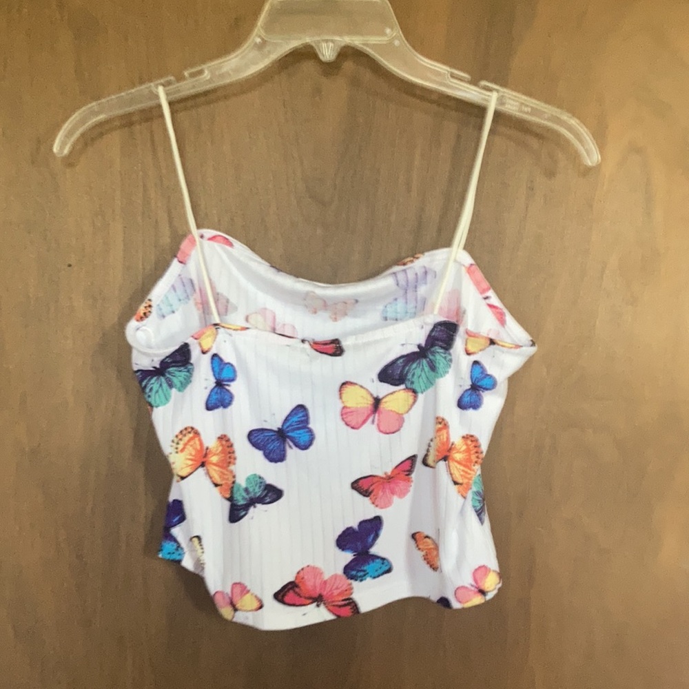 Rue21 top ribbed butterfly print crop top cropped spaghetti straps L jrs - Picture 13 of 14